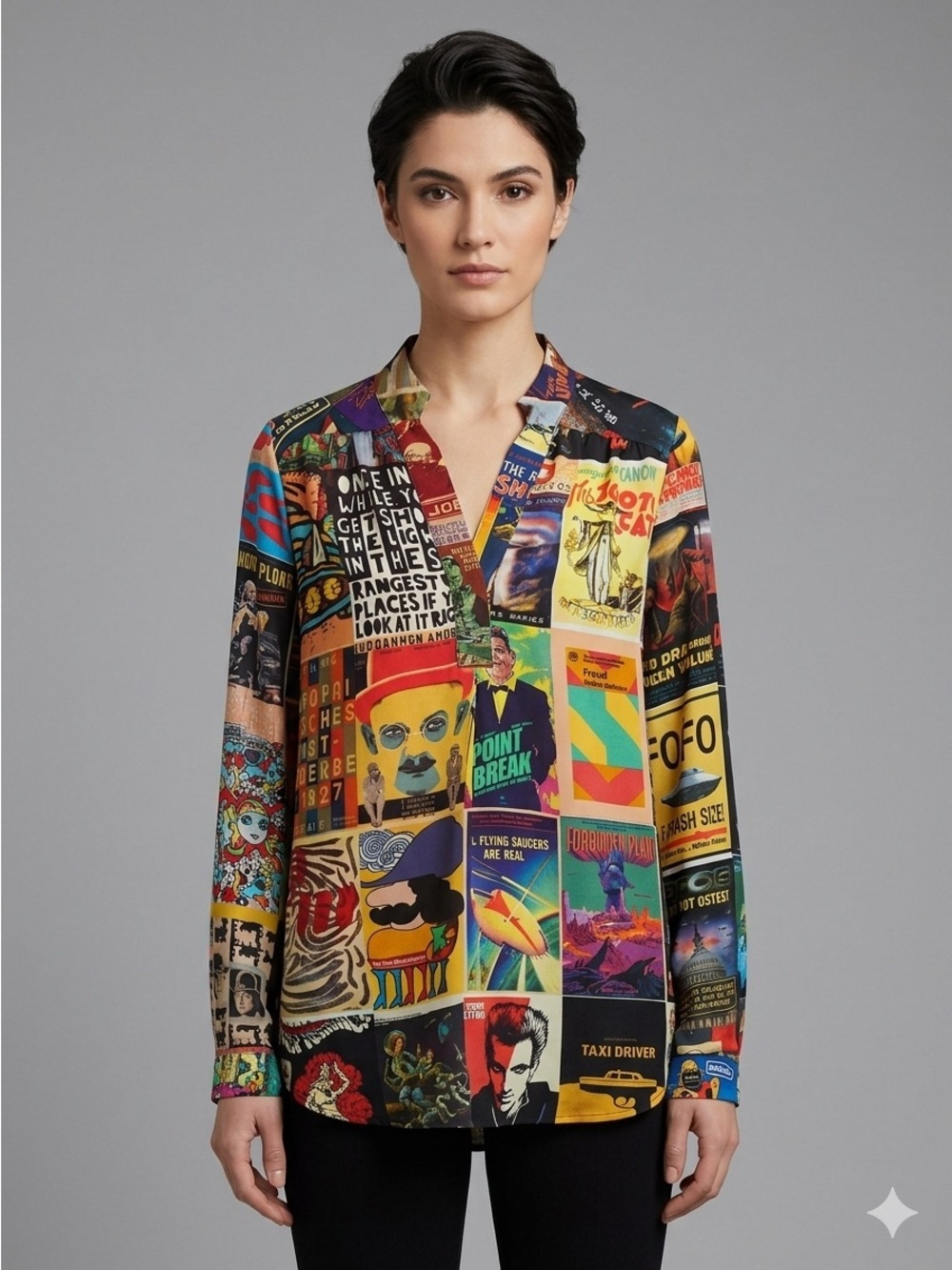 Unbreak.IT Colourful Pop Art Postcard Print Silk Tunic Blouse - Small